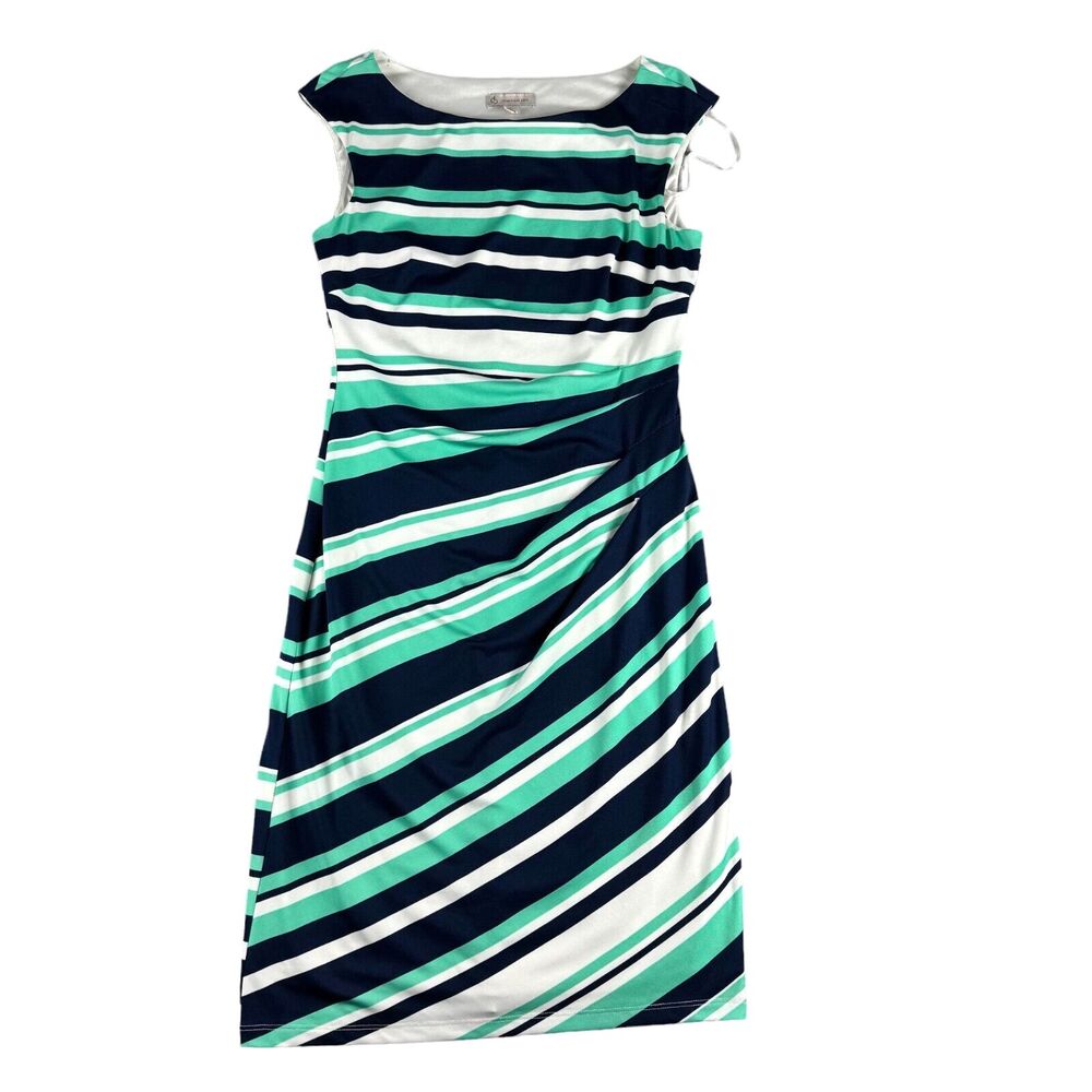 CB Established 1962 Dress Women's 10 Green Blue White Sleeveless Striped Lined
